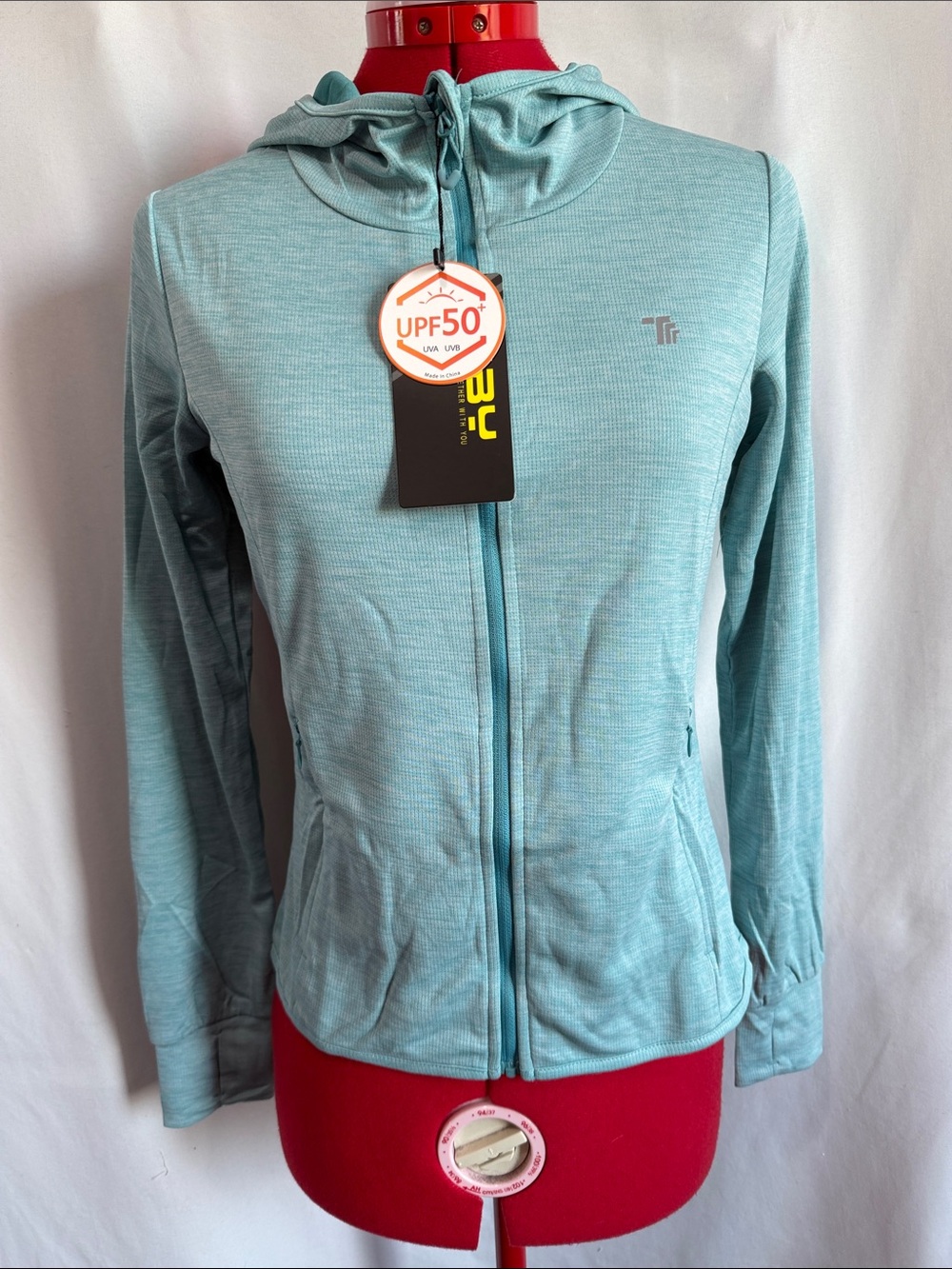 Women's Light Teal Hooded Zip Running Jacket